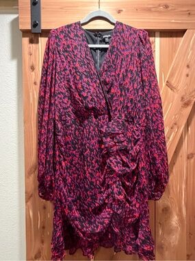 Express Multicolor Abstract Print Dress - Red and Purple on Black